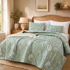JANZAA King Quilt Set Sage Green-Floral Bedspread3pc Boho Lightweight-Reversible