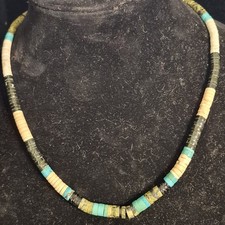 Vtg Heishi Southwestern Bead Necklace Signed SMT Turquoise Onyx 18" Handmade