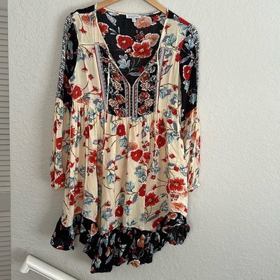 Patrons of Peace Red Blue Cream Floral Mini Dress Ruffle Festival Boho Hippie