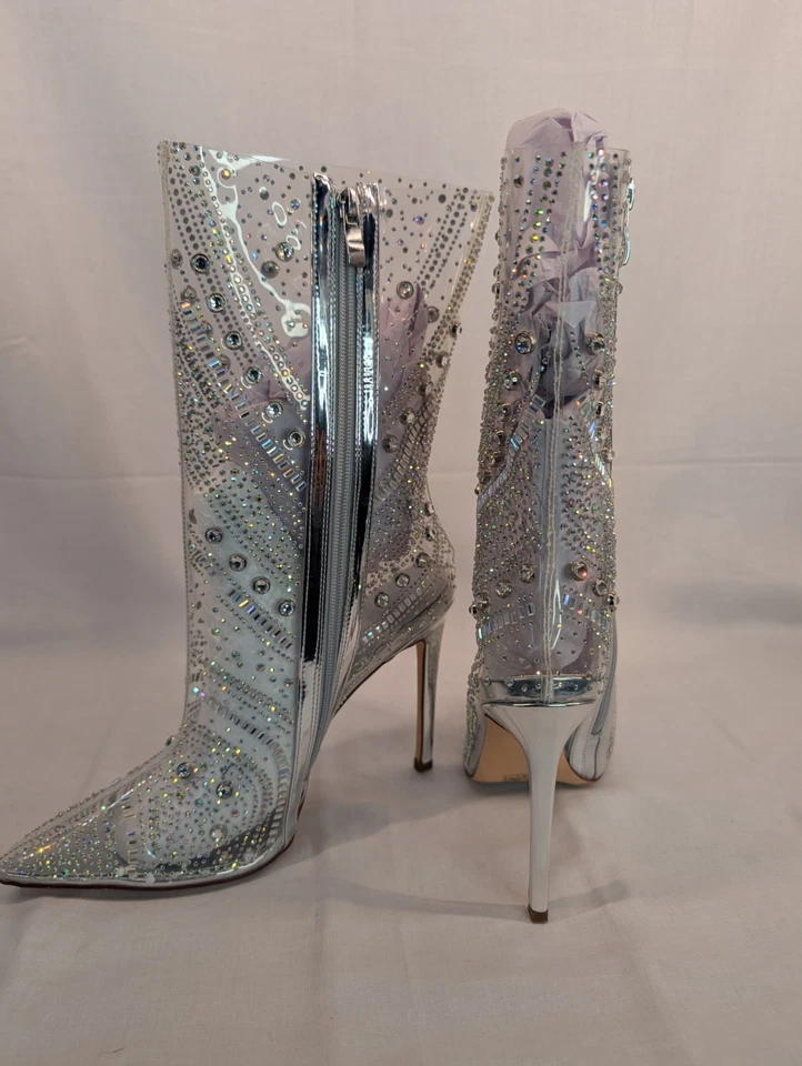 Mujeres Transparente Punta Punta Estrás Tacón Medio Pantorrilla Botas Azalea Wang EE. UU. 9 Foto 3 de 4