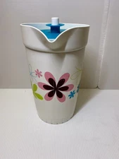 Vintage Tupperware 2 qt Pitcher Retro Floral Flowers Turquoise Lid Rare
