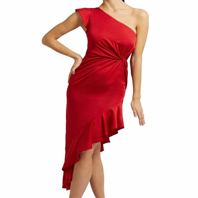GUESS Red Solid One Shoulder Asymmetric Satin Ruffle Sheath Midi Zip Size 8