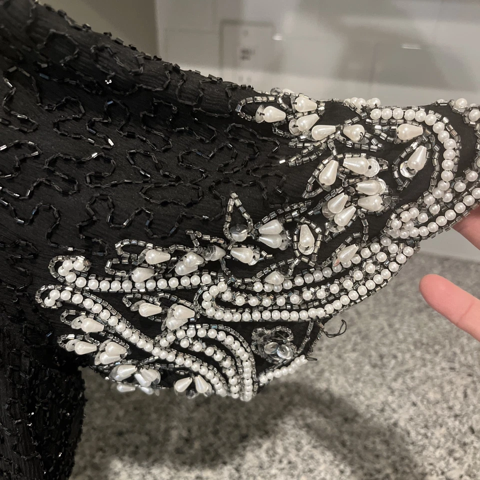 Blusa vintage Lawrence Kazar New York negra con cuentas de seda para mujer XL Foto 3 de 4