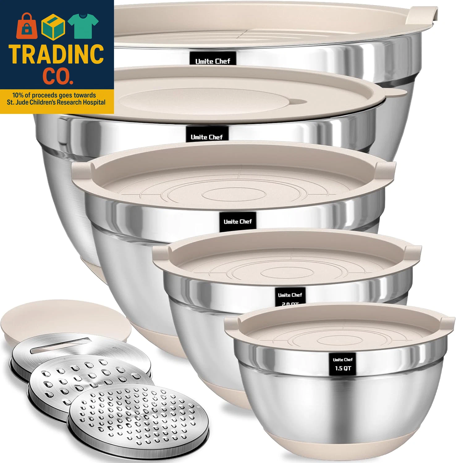 Mixing Bowls with Airtight Lids Set, 8PCS Stainless Steel Khaki Nesting Bowls wi