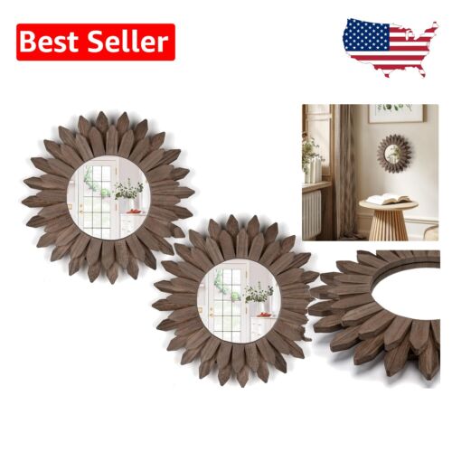 Weathered Walnut Boho Mirrors - 2 Pack Sunburst Design for Home Decor