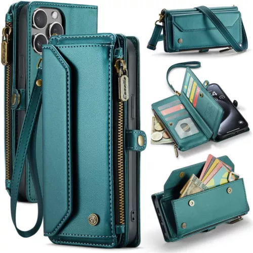 For iPhone 16 15 14 13 12 Pro Max Plus Case Wallet Leather ZIP Bag Strap Cover - Picture 2 of 84