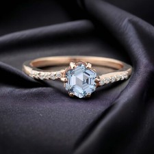 925 Sterling Silver 6 mm Hexagon Shape Natural Aquamarine Ring Cubic Zirconia