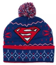 DC COMICS SUPERMAN Superhero Snowflake Pattern Knit Pom Pom Beanie Hat ADULT NWT