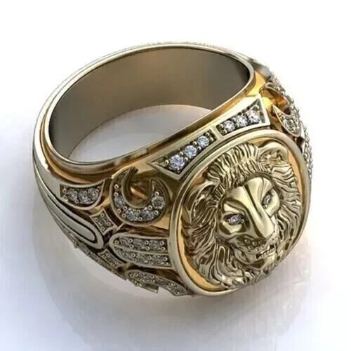 Anillo de león redondo de 1,80 quilates con diamantes blancos creados en laboratorio enchapado en oro amarillo de 14 quilates para hombre Foto 3 de 4