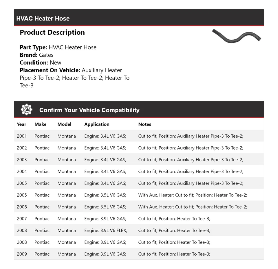 Puertas de manguera de calefacción de climatización para Pontiac Montana 2001-2009 2002 2003 2004 2005 2006 Foto 2 de 4