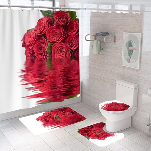 Rose Bathroom Rug Set Shower Curtain Thick Non Slip Toilet Lid Cover