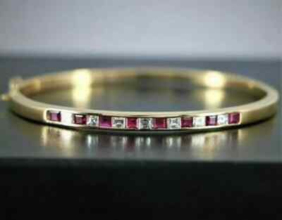 2Ct Princess Simulated Pink Ruby Womens Bangle 7''Bracelet 14K Yellow Gold Plated