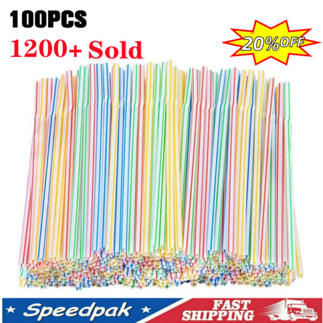 100 Pcs Plastic Bendy Colourful Straws Birthday Wedding Party Drink Summer NEW