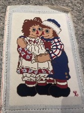 Vintage Unframed Needlepoint Raggedy Ann  Andy 20 X 13 MCM