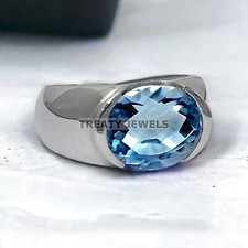 Aquamarine Oval Cut Gemstone With 925 Sterling Silver Ring For Men's 187