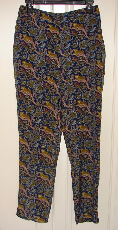NUEVO CON ETIQUETAS J Crew talla 6 azul marino leopardo 100% seda pantalones fáciles #AB647