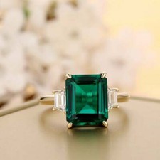 14k Yellow Gold Over 3 Ct Emerald Cut Green Emerald Three Stone Engagement Ring