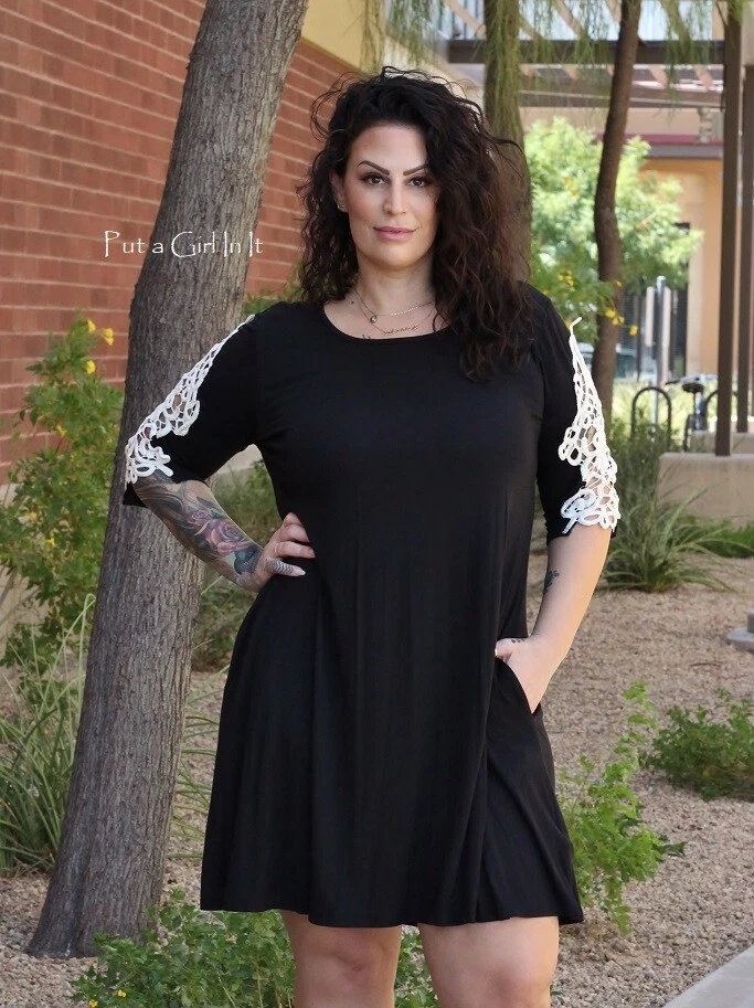 New PLUS SIZE Womens BLACK FEMININE WHITE LACE SLEEVE DRESS POCKETS XL 1X  USA