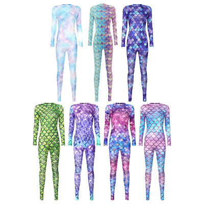 Womens Bodysuit Long Sleeve Fish Scale Print Back Zipper Rompers Cosplay
