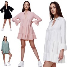 Tunique Femme Sexy Robe D'Été Mini À Col En V Loisirs Plage Volants 6185 NEU