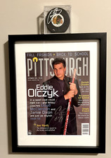 Eddie Olczyk signed Pittsburgh Magazine and Chicago Blackhawks Puck with case