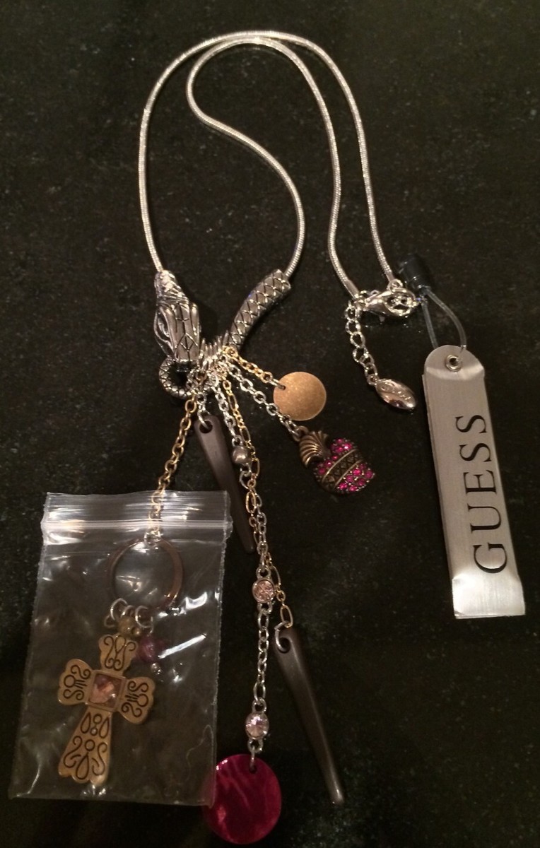 GUESS Silver Snake Necklace Magenta charm Heart Cross Beads