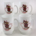 Vtg Milk Glass Pedestal Canada Mug Coffee Tea Set of 4 Beaver Mountie Maple Leaf