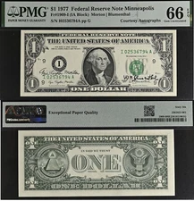 1977 $1 Federal Reserve Note - PMG 66EPQ - Dual Autograph - Morton / Blumenthal