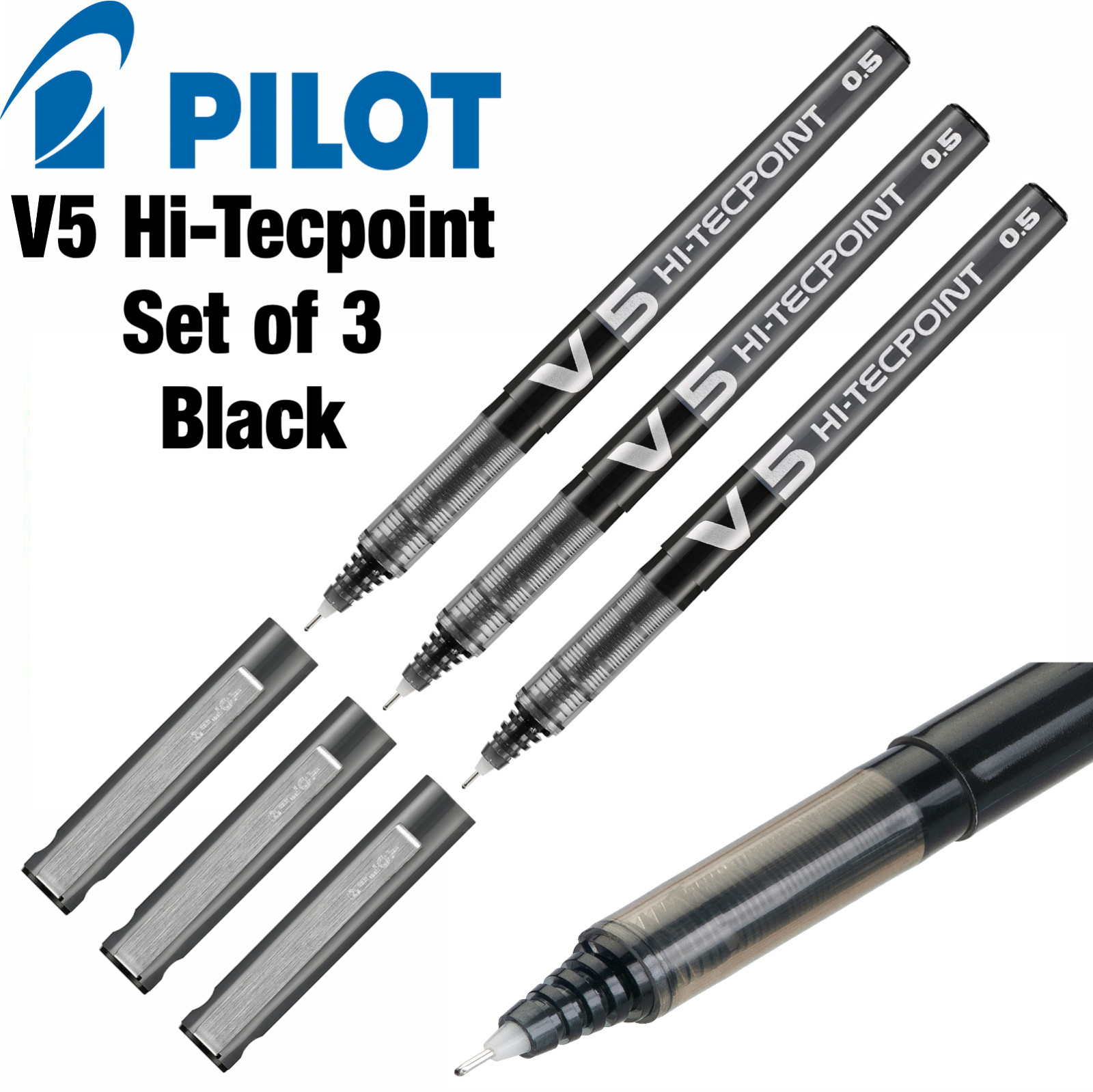 Pilot V5 Hi-Tecpoint Rollerball Liquid Ink Pen 0.5mm BX-V5 BLACK Ink Set of 3