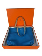HERMES Clemence Double Sens 45 Reversible Blue Taupe Taurillon Leather Tote Bag
