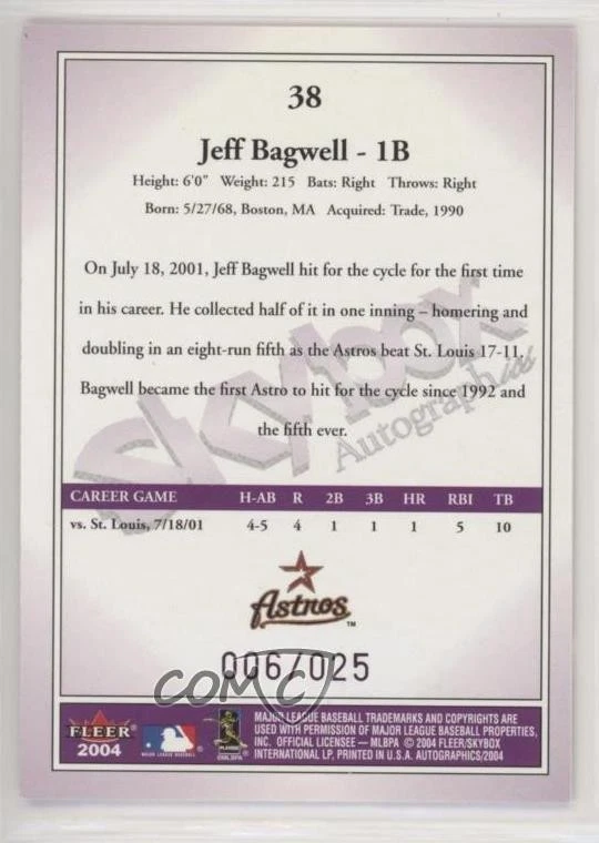2004 Skybox Autographics Royal Insignia /25 Jeff Bagwell #38 HOF - Image 2 of 2