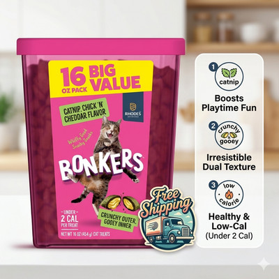 BONKERS Cat Treats Catnip Chick N Cheddar Flavor 16oz Crunchy Soft Snacks