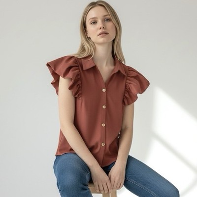 Madison Crepe Blouse with Contrasting Satin Double Flattered Sleeve M Collared