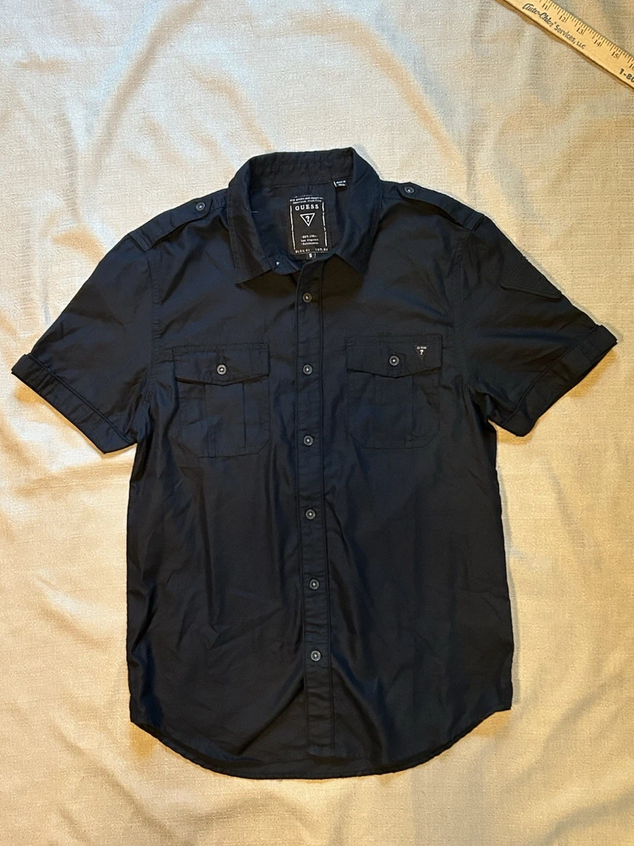GUESS Negro Tejido Sólido Mezcla de Algodón Para Hombres Cuello Punto S Mangas Cortas Bolsillos