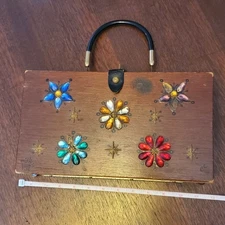The Original Box Bag by Enid Collins Of Texas Wooden Purse Flowers w Mirror 1965