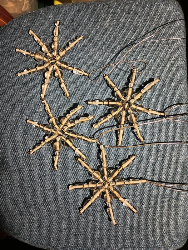 Large Clear Glass Beaded Snowflake/Star Ornaments set of 4 / 5 1/2"