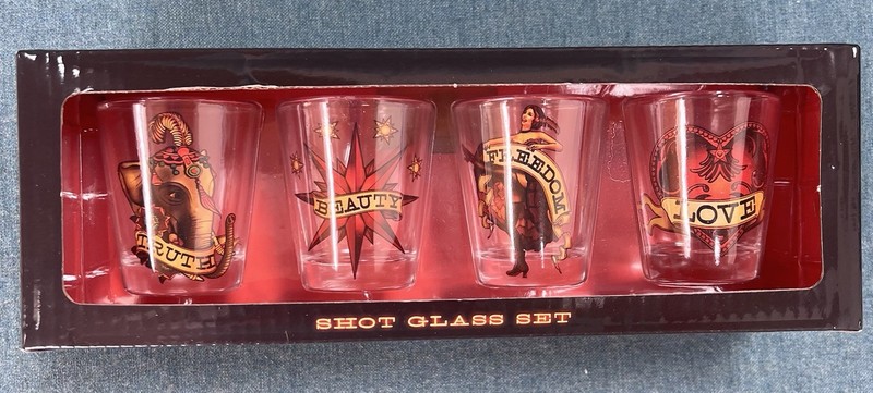 Moulin Rouge Shot Glass Set ~ Truth  Beauty Freedom Love ~ Boxed Set Of 4 NEW!