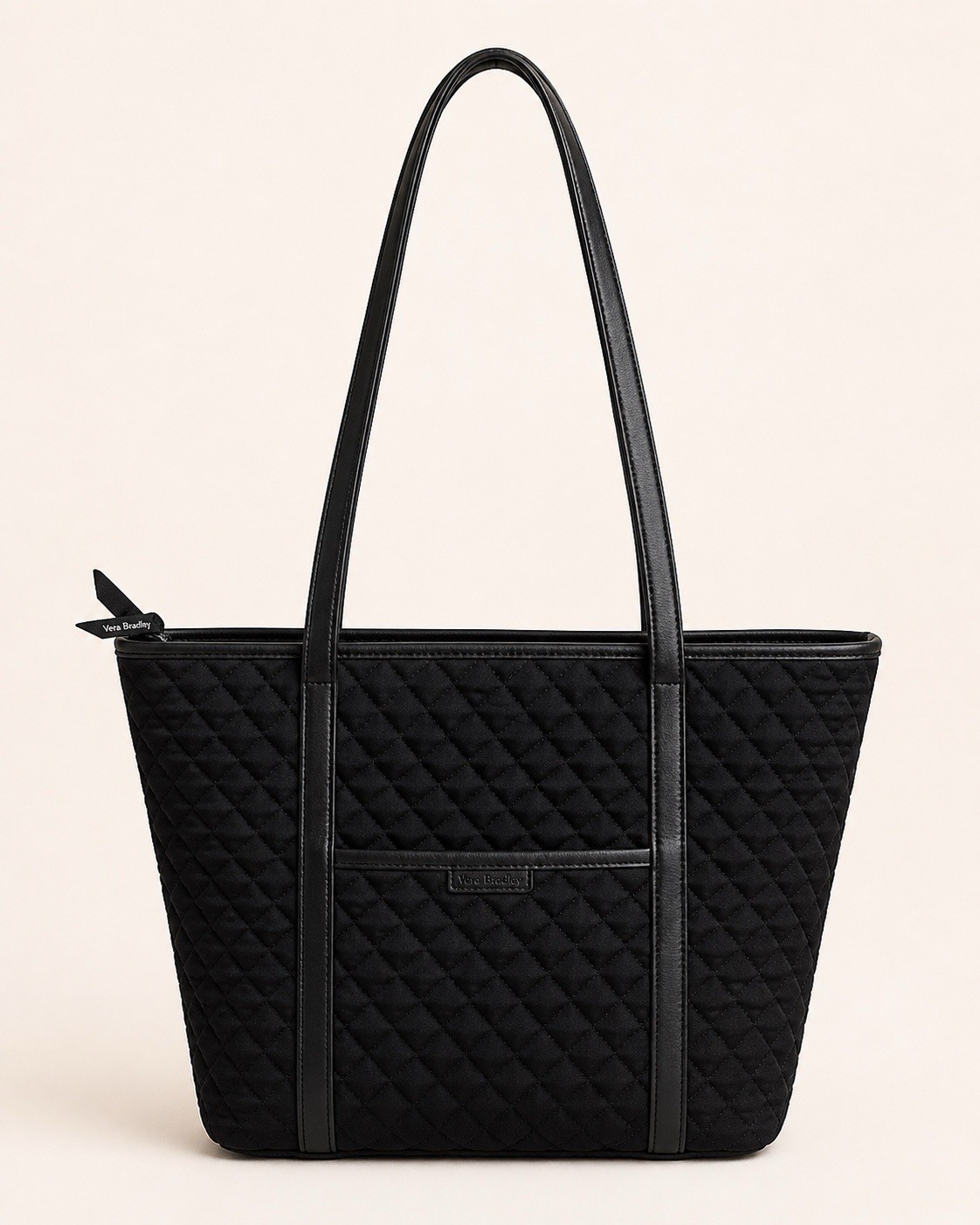 Vera Bradley Classic BLACK Quilted Fabric Tote Handbag Shoulder Bag-Rose Lining