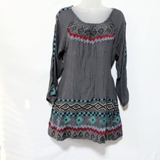 Urban Mangoz Boho Peasant Tunic Top Gray Tribal Aztec Print Tie Back M