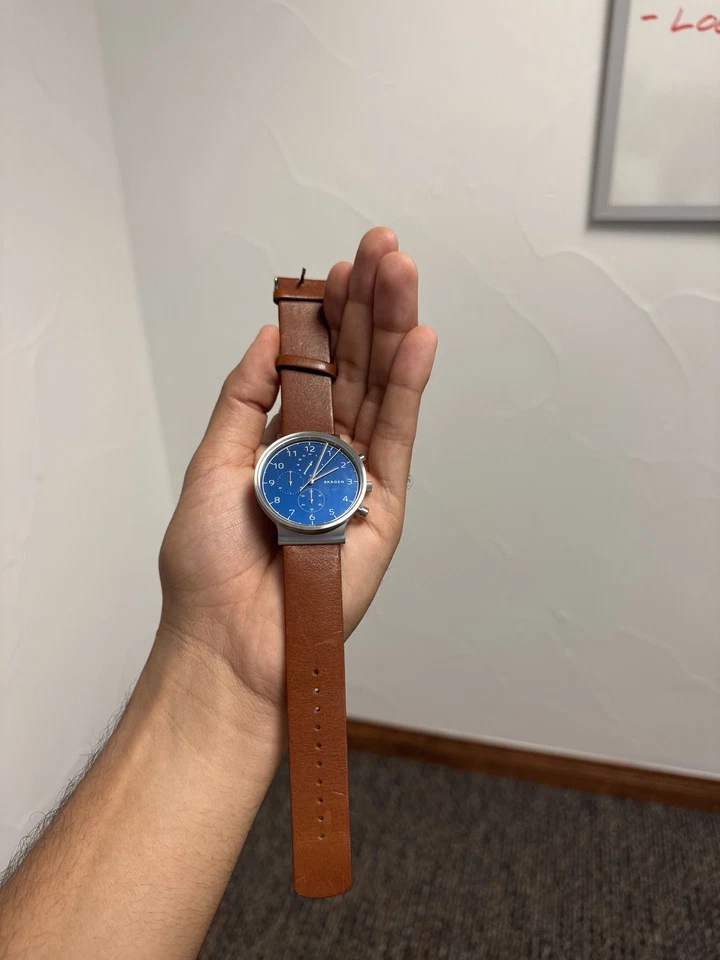 Мужские кварцевые часы с хронографом Skagen Ancher 40 мм синий циферблат и кожаный коричневый ремешок - Изображение 3 из 4