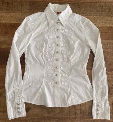 Esprit White Button Up Blouse Womens Fitted Stretch Military Style Top M