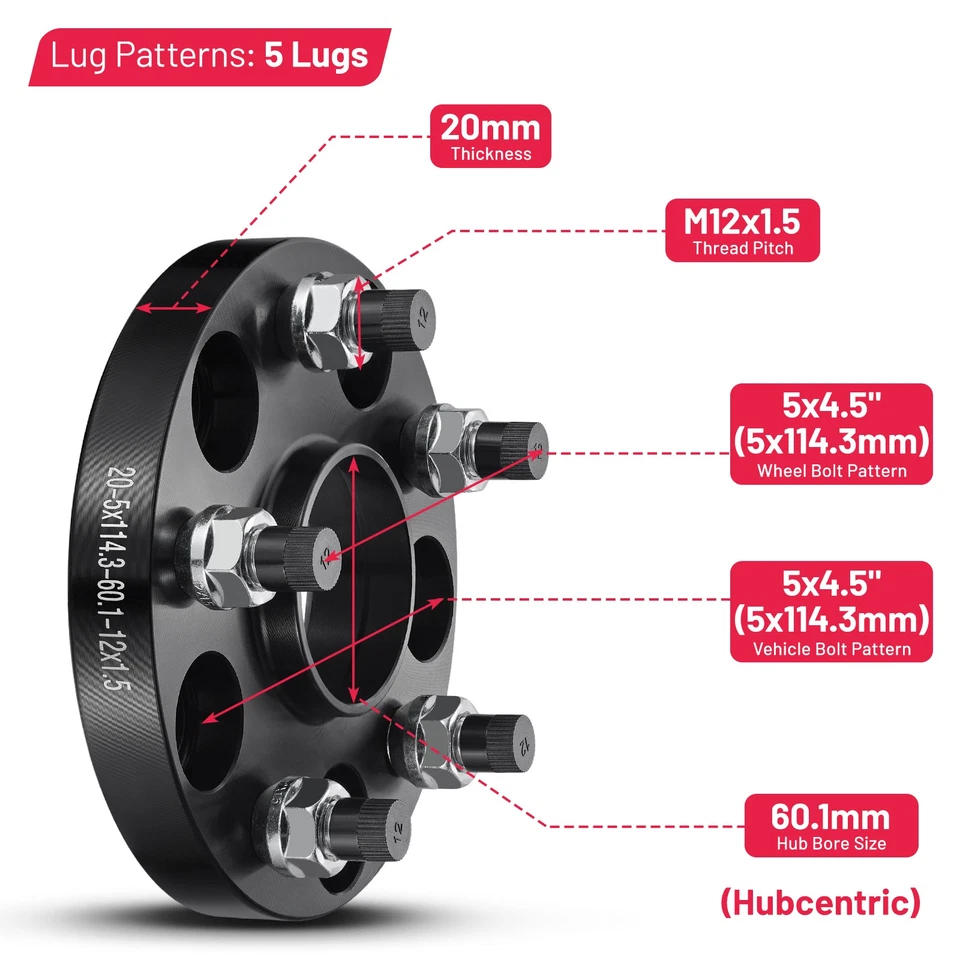 4pcs 20mm 5x4.5 Hubcentric Wheel Spacers M12x1.5 For 2016-2020 Toyota Mirai - Image 2 of 4