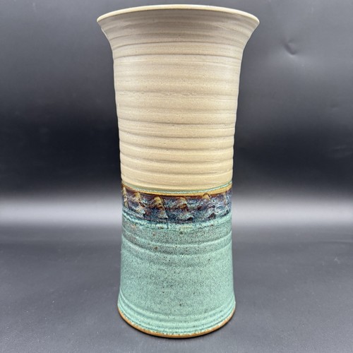 Studio Pottery Vase 11.5” Color Block Turquoise Beige Signed WC - Picture 1 of 12