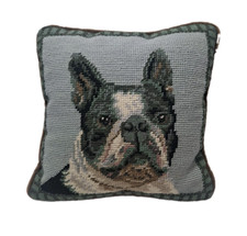 Boston Terrier Needlepoint Throw Pillow 10x10 Wool Dog Accent Cushion w/ Zipper