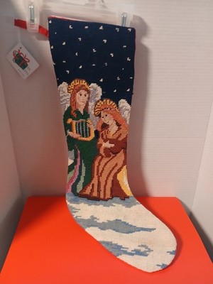 Vintage  Needlepoint Christmas Stocking Two Angels Are Enjoying The Lyre's Music