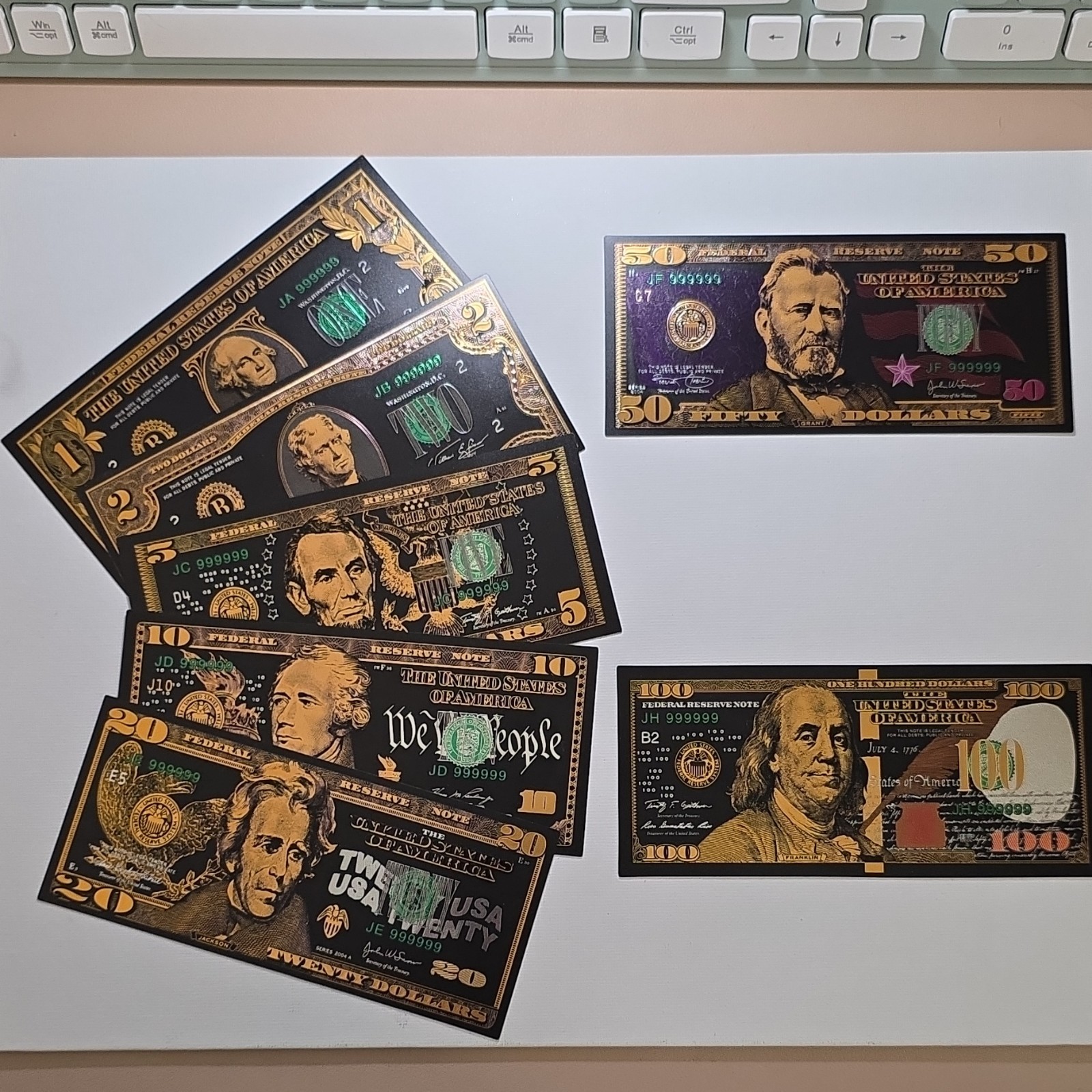 Gold Foil US Federal Reserve Notes Lot $1-$100 Set
