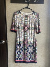 Eliza J Colorful Printed Dress 1/2 Sleeve Size 4 Lined Modest Career Wear
