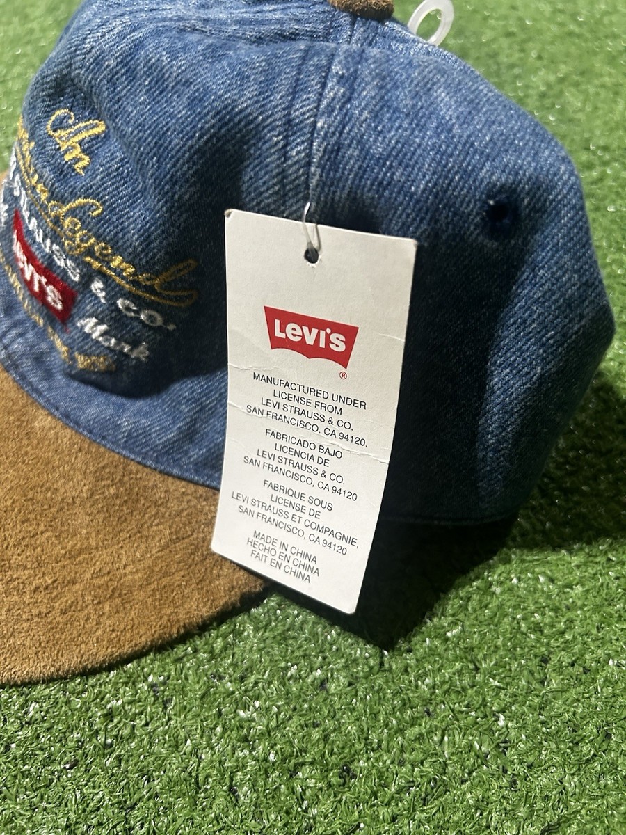 い Vintage 90s Levis Hat Blue Denim Brown Suede Leather Bill