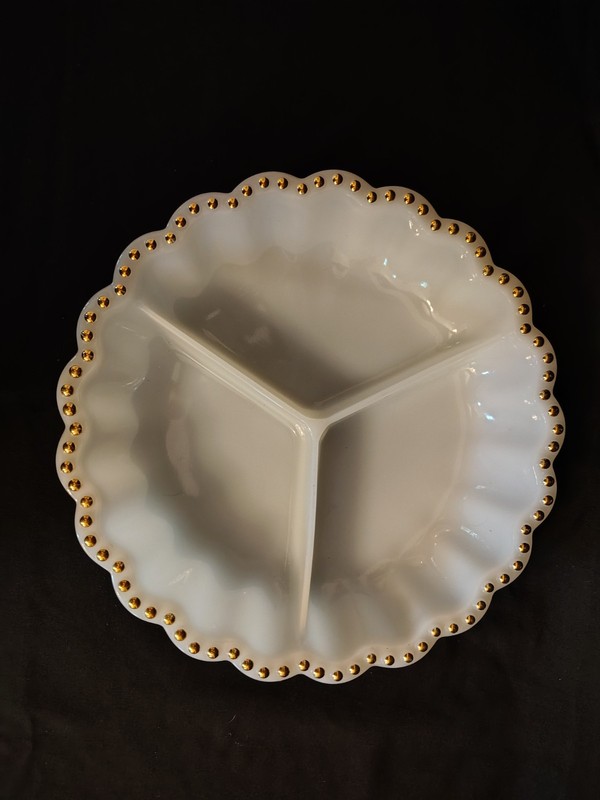 Vintage Poss Anchor Hocking Milk Glass Divided Dish W/ Scalloped Edge & Gold Dot