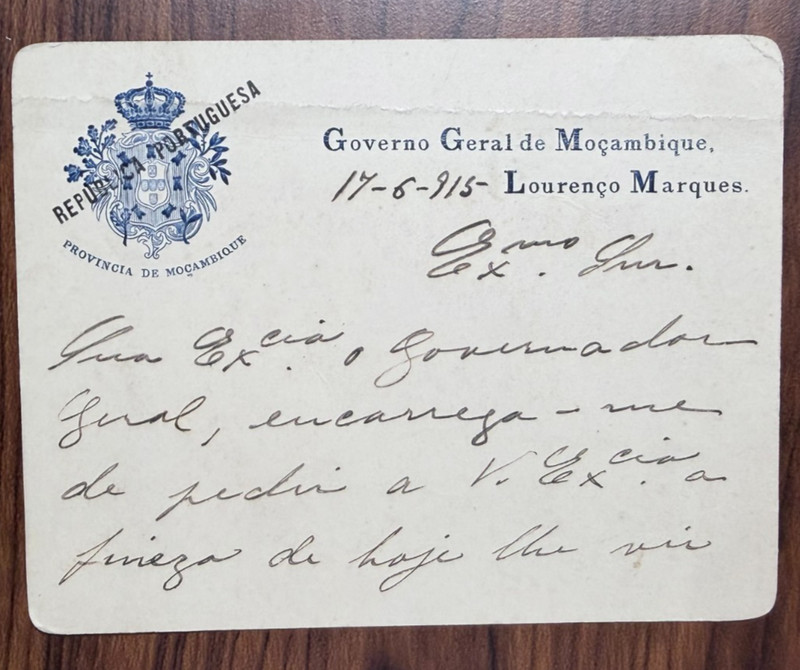 Formal calling card sent by the colonial government of Mozambique in 1915